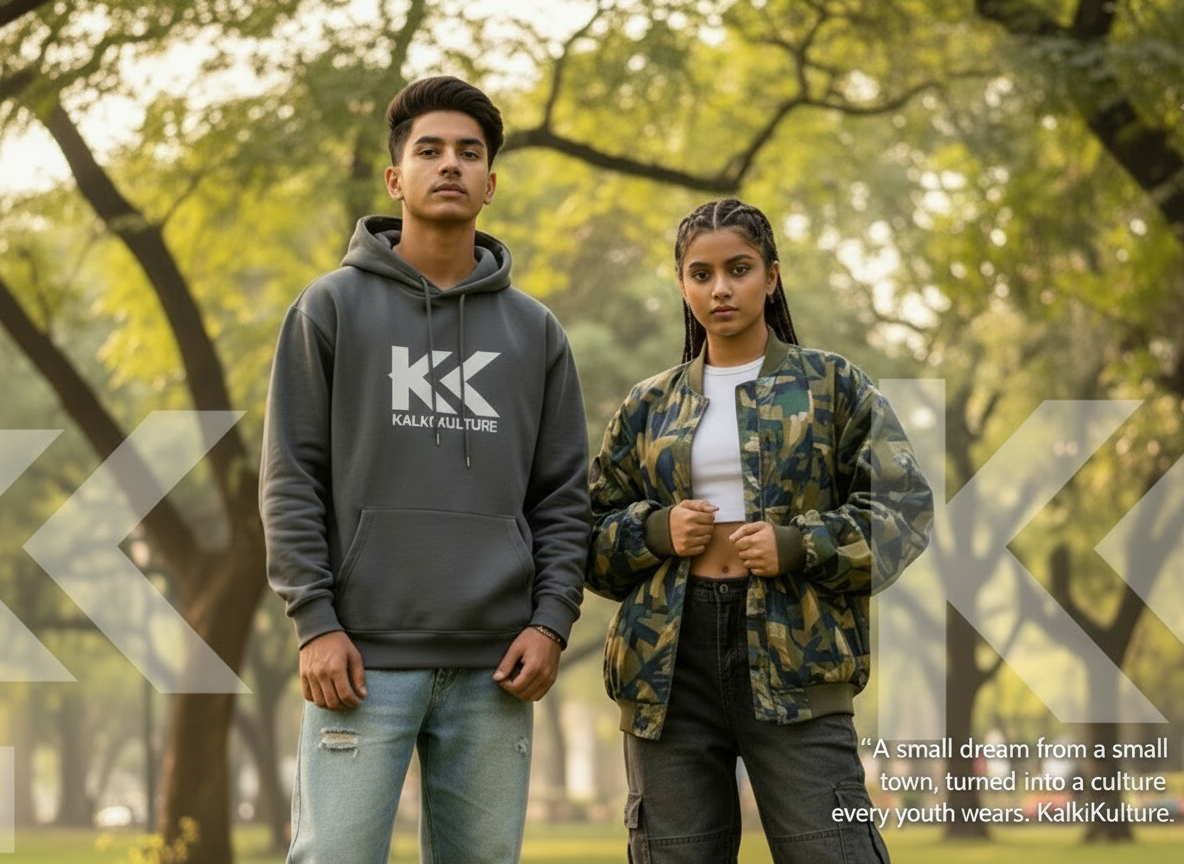 “Create a modern fashion poster for the brand Kalki Kulture. Show an Indian boy wearing a stylish hoodie with the ‘KK’ logo and the text ‘KALKI KULTURE’ printed on the front in the same style as the provided logo. He should also be wearing trendy baggy jeans. Next to him, include an Indian girl wearing fashionable streetwear with baggy jeans as well, standing casually with confidence. Place them in a green park with trees, sunlight, and natural greenery. Add multiple faded or semi-transparent Kalki Kulture 